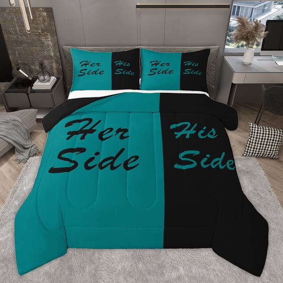 Homewish Couple Valentine's Day Queen Comforter Set, Her Side and His Side Bedding Sets, Black Blue Fashion Splicing Reversible Bedding Comforter Set, Luxury Bedroom Decor, 3 Pieces