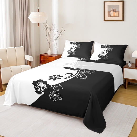 Homewish Couple Valentine's Day Twin Sheet Sets, Black White Twin Fitted Sheet, Romantic Anniversary Rose Flat Sheet, Microfiber Bedroom Decor, 3-Piece