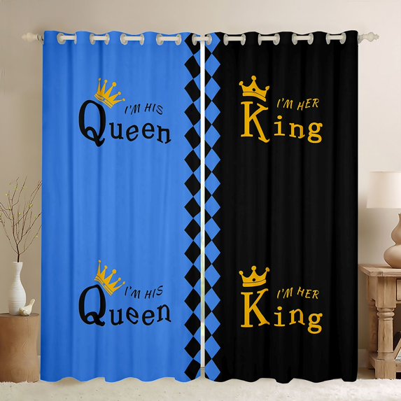 Homewish Couple Valentines Day Black Out Curtains, Black Blue Cartoon Curtains Pack of 2 (42x63 Each), Romantic Anniversary Theme Bedroom Curtains, Blackout Curtains Room Decor