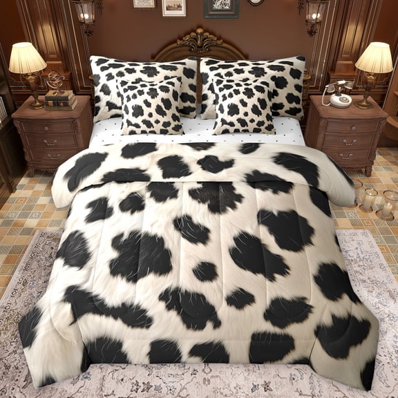 Homewish Cow Hide 7pcs Bedding Comforter Set,Rustic Western Queen Bedding Sets,Black Beige Queen Sheet Sets For Teens,Breathable Home Decor Reversible