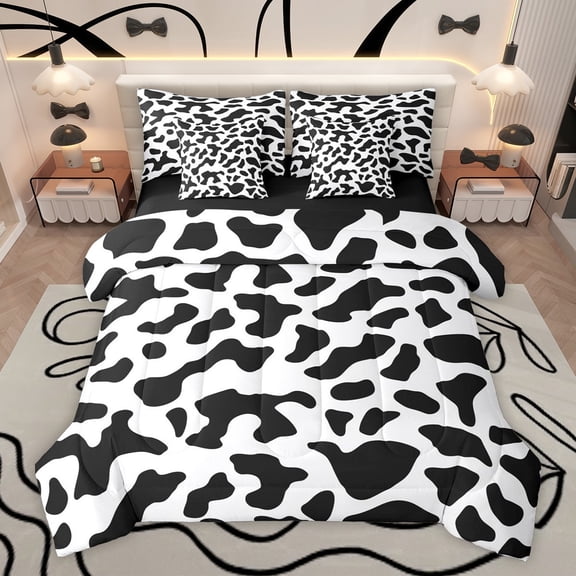 Homewish Cow Print Bedding Comforter Set 7-Piece for Boys Girls,Black White King Bedding Sets,Farmhouse Animal Ultra Soft Bed Sheets,Microfiber Bedroom Decor,Reversible