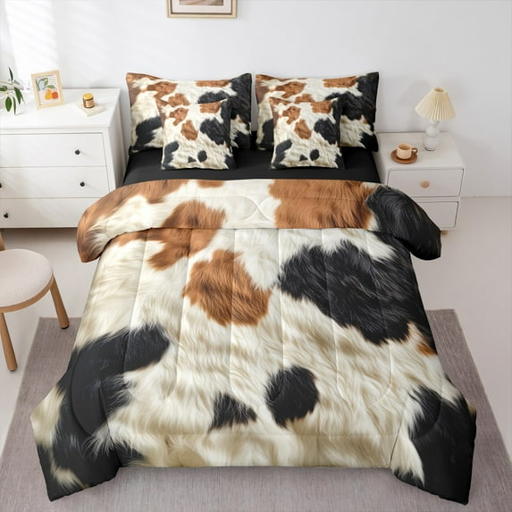 Homewish Cow Print Twin Bedding Sets 7-Piece for Kids Children Teens,Farmhouse Animal Bedding Comforter Set Microfiber,Rustic Retro Vintage Breathable Sheet Sets,Super Cozy Room Decor,Reversible