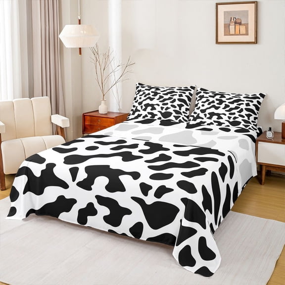 Homewish Cow Print Twin Sheet Sets 3pcs for Boys Girls,Black White Twin Fitted Sheet Microfiber,Farmhouse Animal Breathable Flat Sheet,Microfiber Bedroom Decor