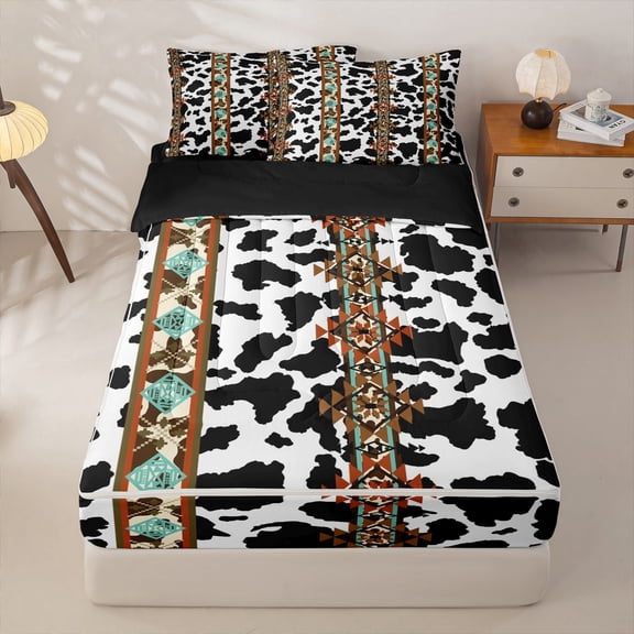 Homewish Cow Print Zipper Twin Comforter Sets with Fitted Sheet and 2 Pillowcases, Boho Aztec Triangle Zipper Bedding Set, Black Reversible, 4pcs