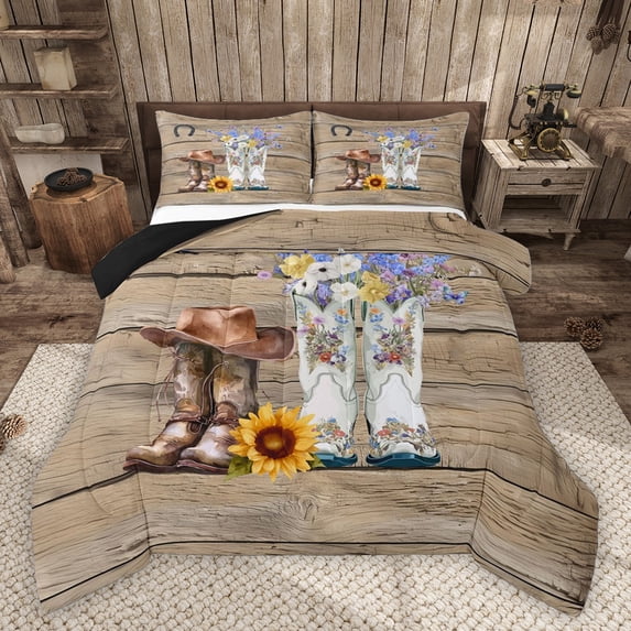 Homewish Cowboy Cowgirl Boots Hats Bedding Comforter Set 2pcs for Boys Girls,Vintage Cottage Cabin Flowers Twin Comforter Sets Microfiber,Western Theme Breathable Bedding Set