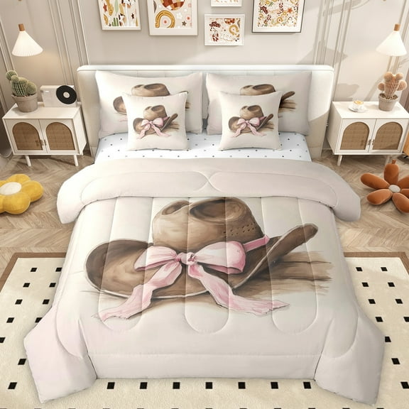 Homewish Cowboy Cowgirl Hat 7-Piece Bedding Comforter Set,Cute Bowtie Ribbon King Bedding Sets,Pink Brown Bed Sheets For Girls Boys,Super Cozy Room Decor Reversible