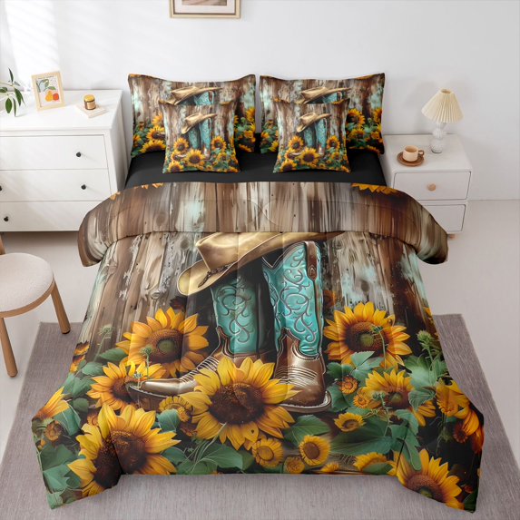 Homewish Cowboy Hat Boots 7 Pieces Full Size Bedding Sets,Retro Sunflowers Full Size Bed in a Bag,Teal Yellow,Black Reversible