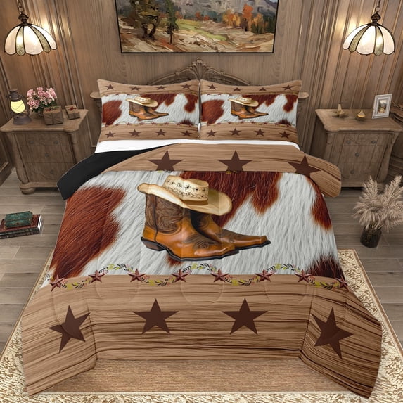 Homewish Cowgirl Boots Hat 2pcs Bedding Comforter Set For Adults Boys Girls,Retro Rustic Cabin Twin Comforter Sets,Western Cow Print Breathable Bedding Set,Luxury Bedroom Decor,Reversible