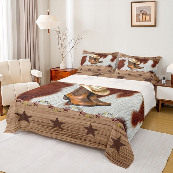 Homewish Cowgirl Boots Hat 4 Pieces Queen Sheet Sets For Adults Boys Girls,Retro Rustic Cabin Ultra Soft Flat Sheet,Western Cow Print Queen Fitted Sheet,Luxury Bedroom Decor