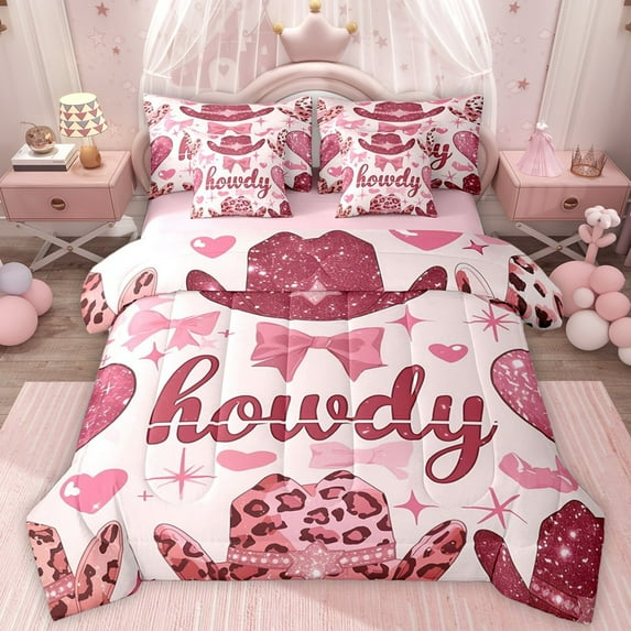 Homewish Cowgirl Bow Hat 7-Piece King Bedding Set - Leopard Print Pink Bling