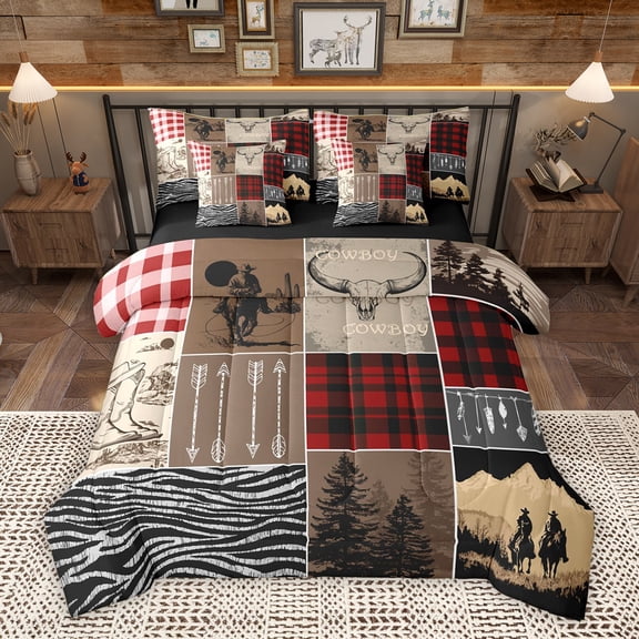 Homewish Cowgirl Cowboy Adult Bedding Comforter Set 7 Pieces, Fashion Zebra Print Full Bedding Set, Southwestern Countryside Reversible Fitted Sheet Flat Sheet, Brown Red Breathable Home Decor