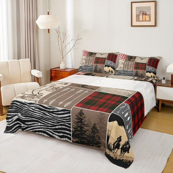 Homewish Cowgirl Cowboy Adult Queen Sheet Sets, Fashion Zebra Print Flat Sheet, Southwestern Countryside Queen Fitted Sheet, Brown Red Breathable Home Decor, 4-Piece