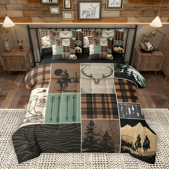 Homewish Cowgirl Cowboy Adult Twin Bedding Sets 7-Piece, Fashion Zebra Print Bedding Comforter Set, Southwestern Countryside Reversible Sheet Sets, Brown Green Lightweight Room Decor