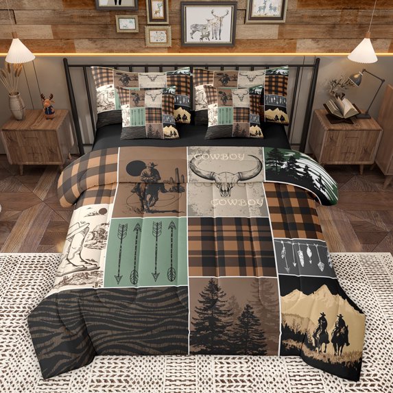 Homewish Cowgirl Cowboy Adult Twin Bedding Sets 7-Piece, Fashion Zebra Print Bedding Comforter Set, Southwestern Countryside Reversible Sheet Sets, Brown Green Lightweight Room Decor