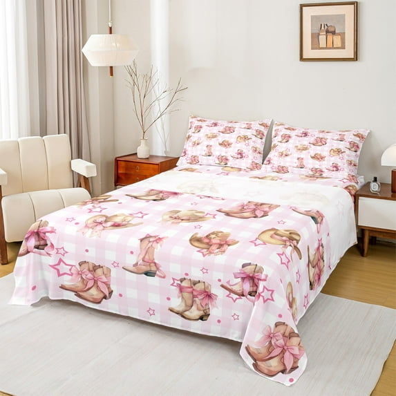 Homewish Cowgirl Cowboy Boot Full Size Sheets, Cartoon Stars Print Bed Sheets, Teens Kids Girls Sheet Sets, Luxury Bedroom Decor, 4 Pieces
