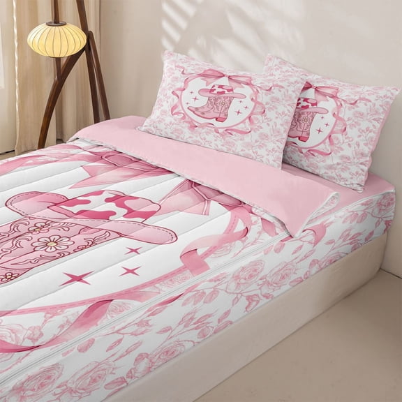 Homewish Cowgirl Cowboy Boots Floral Bow Zipper Twin Comforter Sets with Fitted Sheet and 2 Pillowcases, Western Style Zipper Bedding Set for Girls, Pink Reversible, 4-Piece