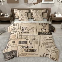 Homewish Cowgirl Cowboy Twin Bedding Sets 7-Piece, Farmhouse Lodge Cabin Bedding Comforter Set, Vintage Fashion Newspaper Reversible Sheet Sets, Microfiber Bedroom Decor