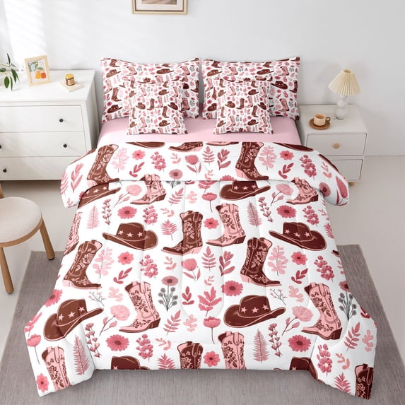 Homewish Cowgirl Hat Boots 7-Piece King Bedding,Romantic Floral Plants King Bed in a Bag,Pink Brown,Pink Reversible