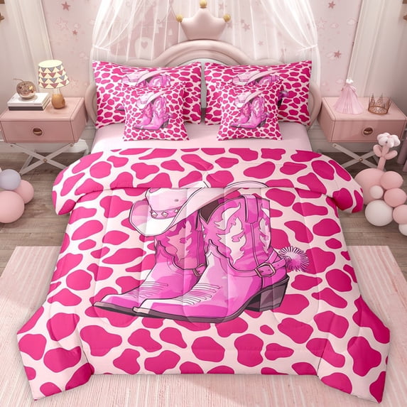 Homewish Cowgirl Hat Boots Bedding Comforter Set 7pcs for Kids Children Teens,Cow Print Queen Bedding Sets Super Cozy,Western Theme Queen Sheet Sets,Luxury Bedroom Decor,Reversible