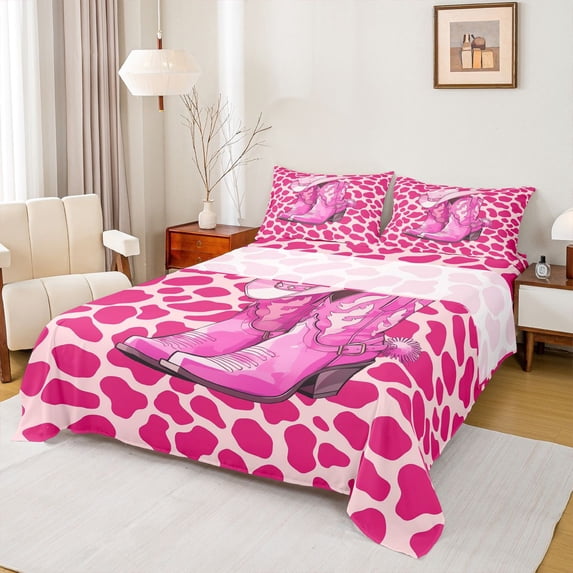 Homewish Cowgirl Hat Boots Full Size Sheets 4-Piece for Kids Children Teens,Cow Print Breathable Bed Sheets,Western Theme Lightweight Sheet Sets,Luxury Bedroom Decor