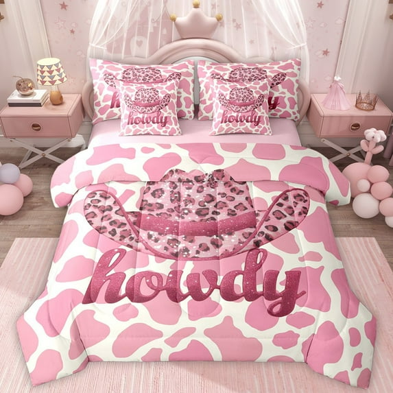 Homewish Cowgirl Hat Twin Bedding Sets 7-Piece for Kids Children Teens,Leopard Print Bedding Comforter Set Microfiber,Pink Bling Glitter Breathable Sheet Sets,Luxury Bedroom Decor,Reversible