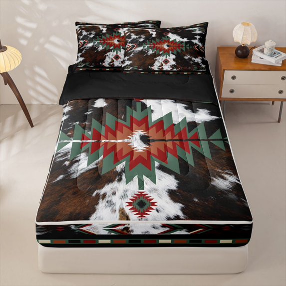 Homewish Red Brown Tribal Twin 4-Piece Cowhide Navajo Zipper Comforter Set
