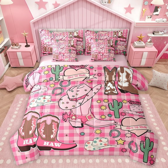 Homewish Cowhide Print Cowgirl Boot 7-Piece Bedding Comforter Set,Pink Classic Checkered King Bedding Sets,Country Horseshoe Bed Sheets For Girls Kids,Breathable Home Decor Reversible