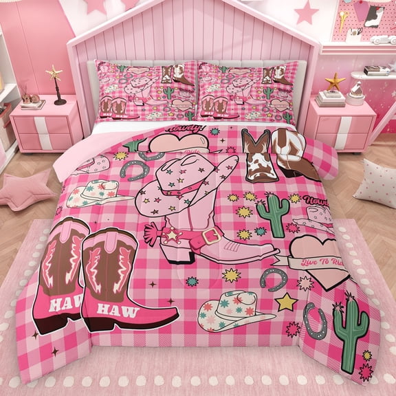 Homewish Cowhide Print Cowgirl Boot Bedding Comforter Set,Pink Classic Checkered Twin Comforter Sets,Country Horseshoe Bedding Set For Girls Kids,Breathable Home Decor Reversible,2-Piece