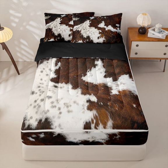 Homewish Cowhide Print Zipper Twin Comforter Sets with Fitted Sheet and 2 Pillowcases,Rustic Farmhouse Cattle Zipper Bedding Set For Adults,Reversible,4-Piece