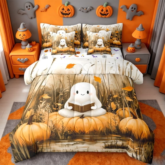 Homewish Cozy Halloween Reading Ghost 7 Pieces Full Size Bedding Sets,Autumn Pumpkin Pond Pattern Full Size Bed in a Bag,Cream Brown Orange,Halloween Reversible