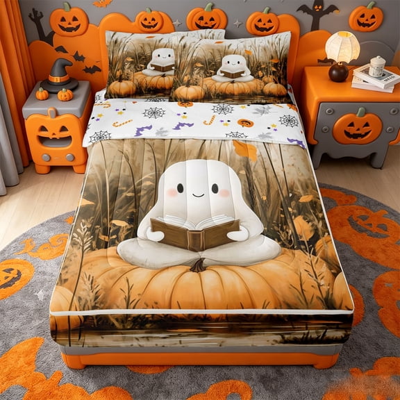 Homewish Cozy Halloween Reading Ghost Zipper Full Size Comforter Sets with Fitted Sheet and 2 Pillowcases,Autumn Pumpkin Zipper Bedding Set,Cream Brown Orange,Halloween Reversible,4 Pieces