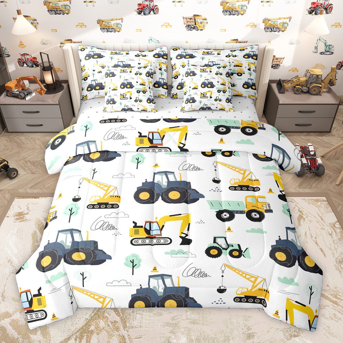 Homewish Crane Bulldozer Excavator 7pcs Bedding Comforter Set,Equipped Truck Queen Bedding Sets,White Yellow Queen Sheet Sets,Microfiber Bedroom Decor