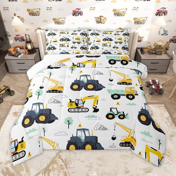 Homewish Crane Bulldozer Excavator Bedding Comforter Set,Equipped Truck Twin Comforter Sets,White Yellow Bedding Set,Microfiber Bedroom Decor,2pcs