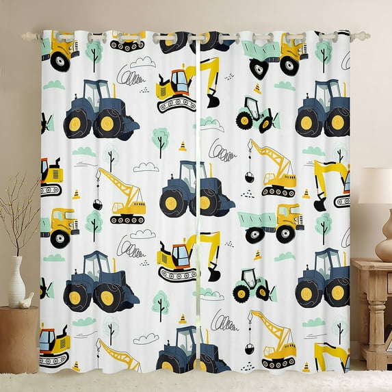 Homewish Crane Bulldozer Excavator Black Out Curtains,Equipped Truck Curtains Pack of 2 (42x63 Each),White Yellow Bedroom Curtains,Microfiber Bedroom Decor
