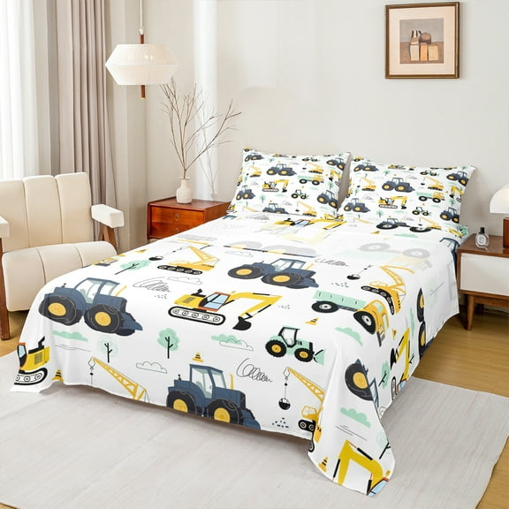 Homewish Crane Bulldozer Excavator Twin Sheet Sets,Equipped Truck Twin Fitted Sheet,White Yellow 03,Microfiber Bedroom Decor,3pcs