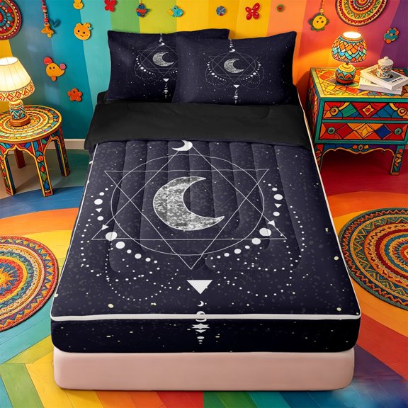 Homewish Crescent Moon Zipper Twin Comforter Sets with Fitted Sheet and 2 Pillowcases,Geometric Stars Cosmic Grid Zipper Bedding Set For Adults,Black Reversible,4-Piece