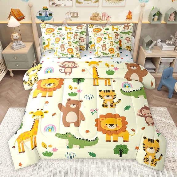 Homewish Crocodile Tiger Giraffe 7-Piece Bedding Comforter Set,Cute Zoo Animal King Bedding Sets,Yellow Orange Brown Bed Sheets For Boys Kids,Breathable Home Decor Reversible