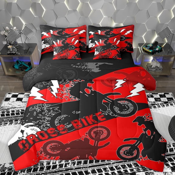 Homewish Cross Bike Game 7-Piece Bedding Comforter Set,Speed Extrame Sport King Bedding Sets,Black Red White Bed Sheets For Kids,Microfiber Bedroom Decor Reversible