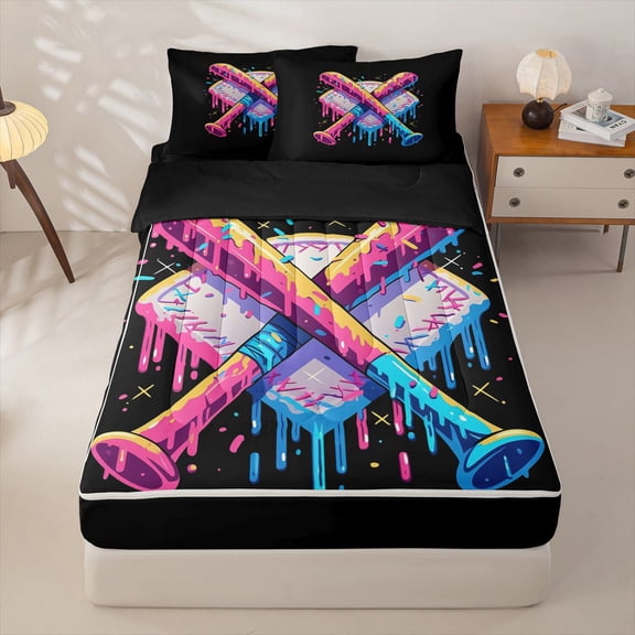 Homewish Crossed Drippy Baseball Bat Print Zipper Twin Comforter Sets with Fitted Sheet and 2 Pillowcases,Bold Sports Zipper Bedding Set For Kids Boys And Girls,Reversible,4 Pieces