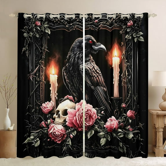Homewish Crow Skull Pattern Curtains Pack of 2 (42x84 Each),Gothic Theme Curtains Blackout,Pink Flower Floral Bedroom Curtains For Men Women,Ultra Soft Home Decor