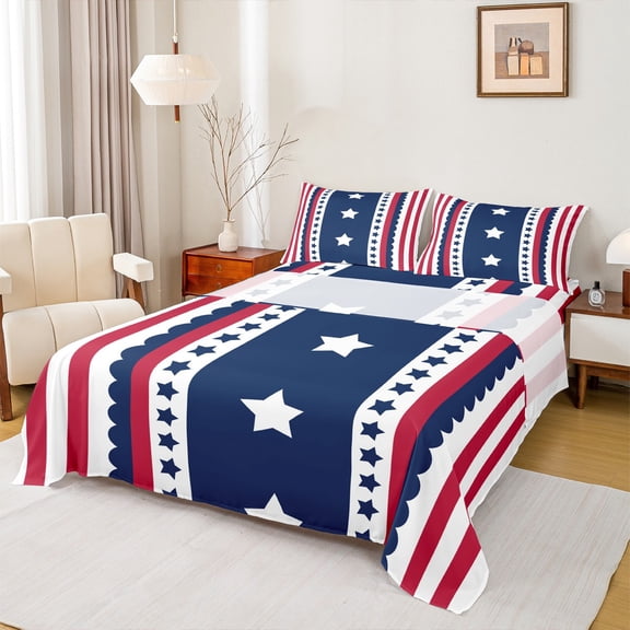 Homewish Cute American Stars Queen Sheet Sets, Navy Red Stripes Ombre Flat Sheet, Cartoon US Flag Queen Fitted Sheet, Ultra Soft Bedroom Decor, 4pcs