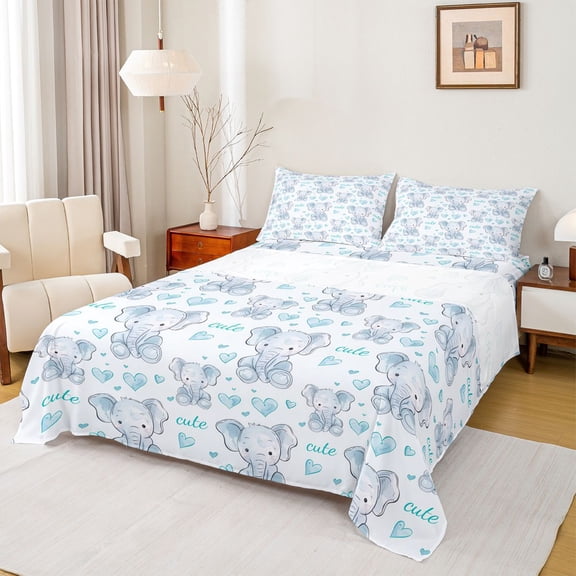 Homewish Cute Aniaml Elephant Full Size Sheets,Cartoon Loves Pattern Bed Sheets,White Blue Sheet Sets For Kids,Breathable Home Decor,4 Pieces