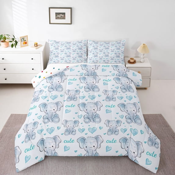 Homewish Cute Aniaml Elephant Queen Comforter Set,Cartoon Loves Pattern Bedding Sets,White Blue Bedding Comforter Set For Kids,Breathable Home Decor Reversible,3pcs