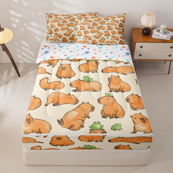 Homewish Cute Animal Capybara Zipper Twin Comforter Sets with Fitted Sheet and 2 Pillowcases For Capybara Lover,Green Kawaii Frogs Zipper Bedding Set For Girls Kids,Reversible,4 Pieces