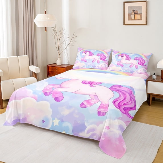 Homewish Cute Animal Unicorn Twin Sheet Sets 3pcs for Kids Child Girls,Dreamy Princess Twin Fitted Sheet Microfiber,Cartoon Rainbow Breathable Flat Sheet,Breathable Home Decor