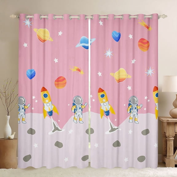 Homewish Cute Astronaut Black Out Curtains,Cartoon Rocket Curtains Pack of 2 (42x63 Each),Colorful Planet Bedroom Curtains For Boys Girls,Super Cozy Room Decor