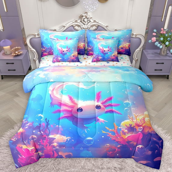 Homewish Cute Axolotl 7-Piece Twin Bedding Sets,Watercolor Sea Coral Bedding Comforter Set,Pink Blue Sheet Sets For Girls,Ultra Soft Home Decor Reversible