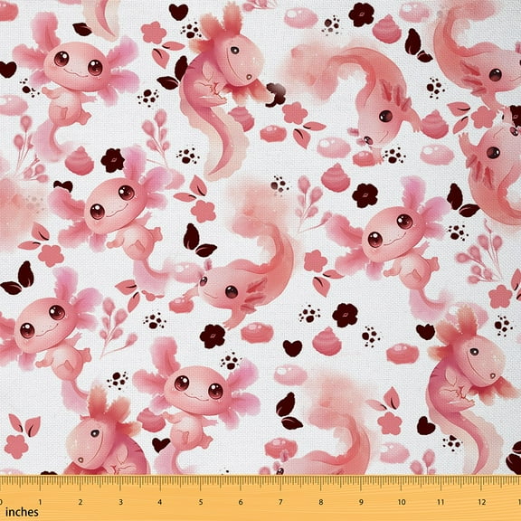 Homewish Cute Axolotl Animal Fabric by the Yard 1 Yard for Teen, Kawaii Cherry Blossoms Room Decor Fabric by the Yard, Cartoon Theme Sewing Fabric, Breathable Home Decor