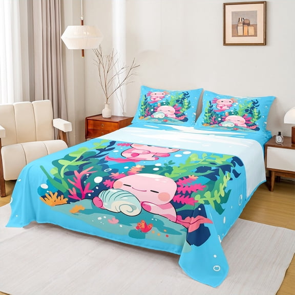 Homewish Cute Axolotl Bed Sheets,Ocean Shell Coral King Sheets,Pink Green Blue Sheet Set For Girls,Ultra Soft Home Decor,4pcs