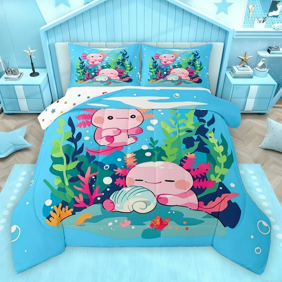 Homewish Cute Axolotl Bedding Comforter Set,Ocean Shell Coral Twin Comforter Sets,Pink Green Blue Bedding Set For Girls,Ultra Soft Home Decor Reversible,2pcs